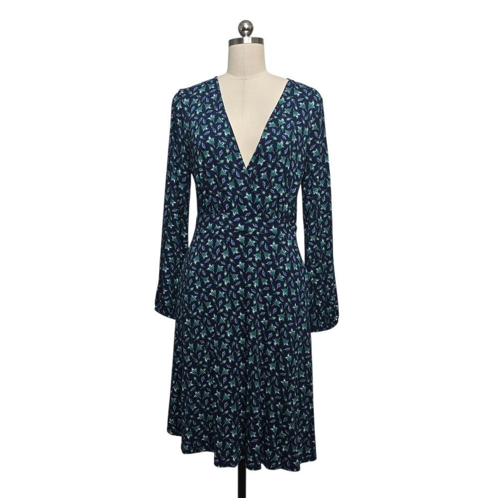 Boden Navy Green Floral V-Neck Long Sleeve Jersey Dress Size US 8L D0762